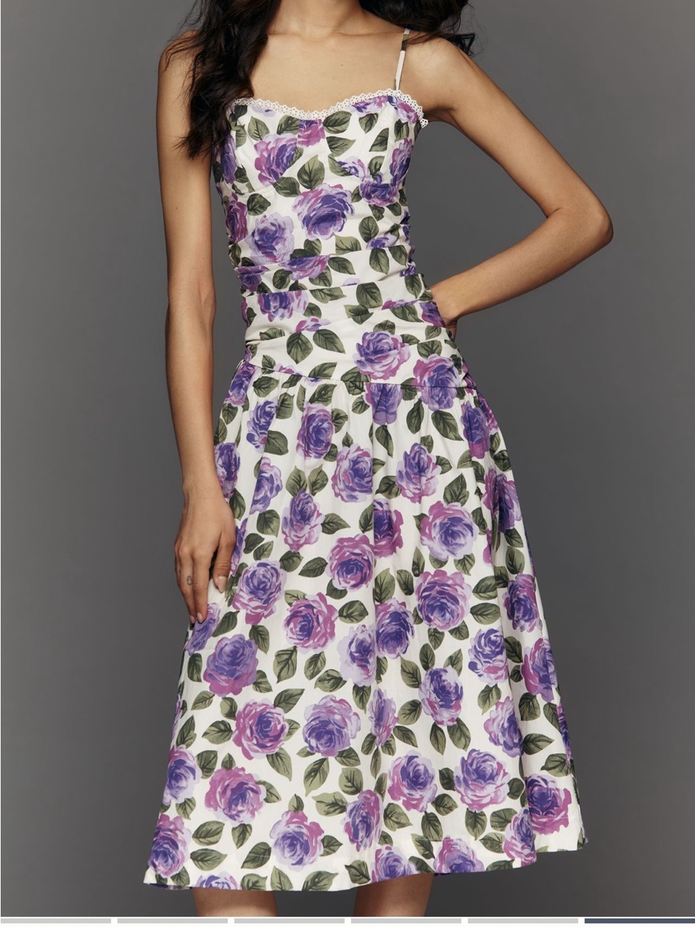 Anthropologie Lavender Rose-Print Spaghetti-Strap Midi Dress